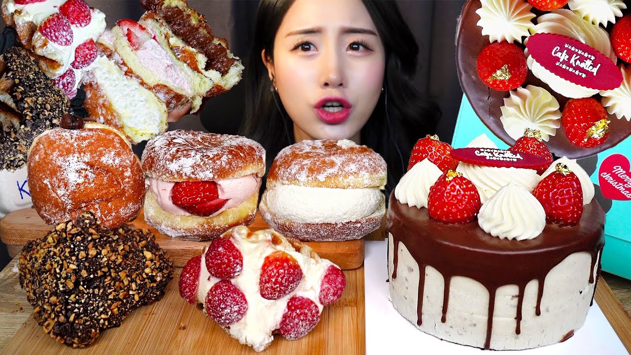 🍩 Клубнично-шоколадный торт Пончик Десерт АSMR МукбангㅣНутелла Кекс Корейская едаㅣMukbang