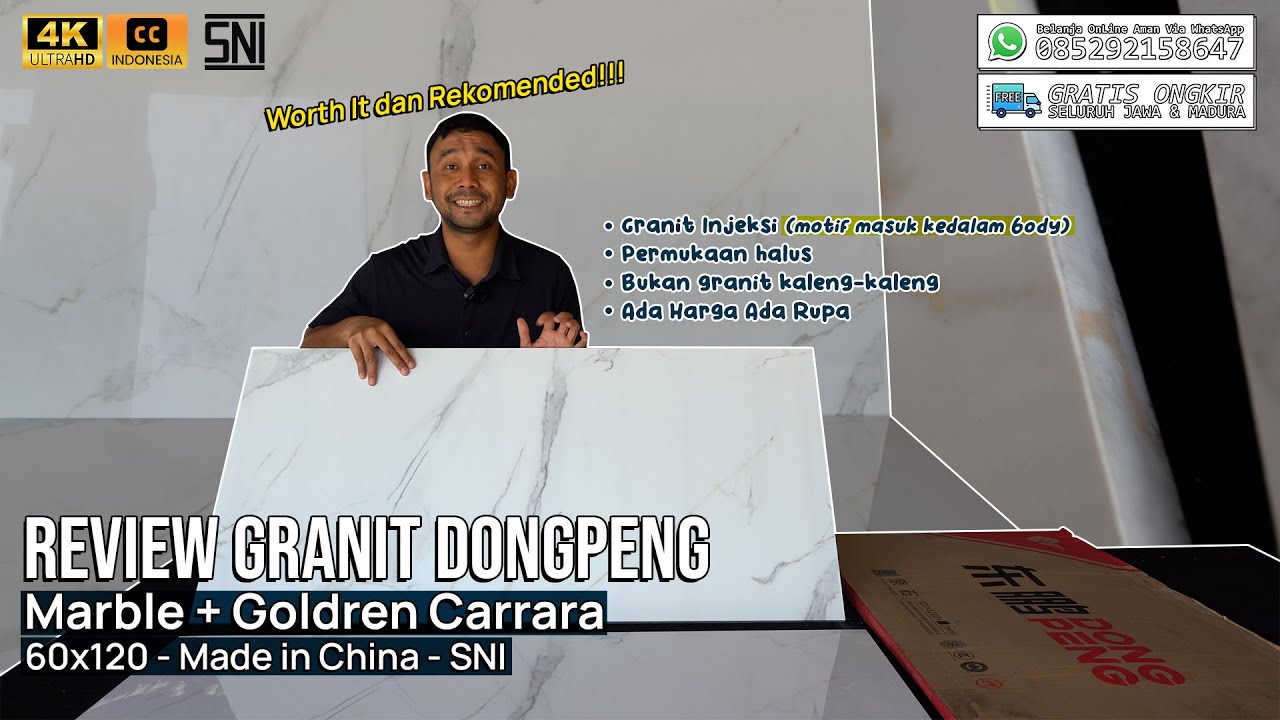 REVIEW GRANIT INJEKSI DONGPENG MARBLE + GOLDREN CARRARA || 60X120 MOTIFNYA MASUK KE DALAM BODY 👍