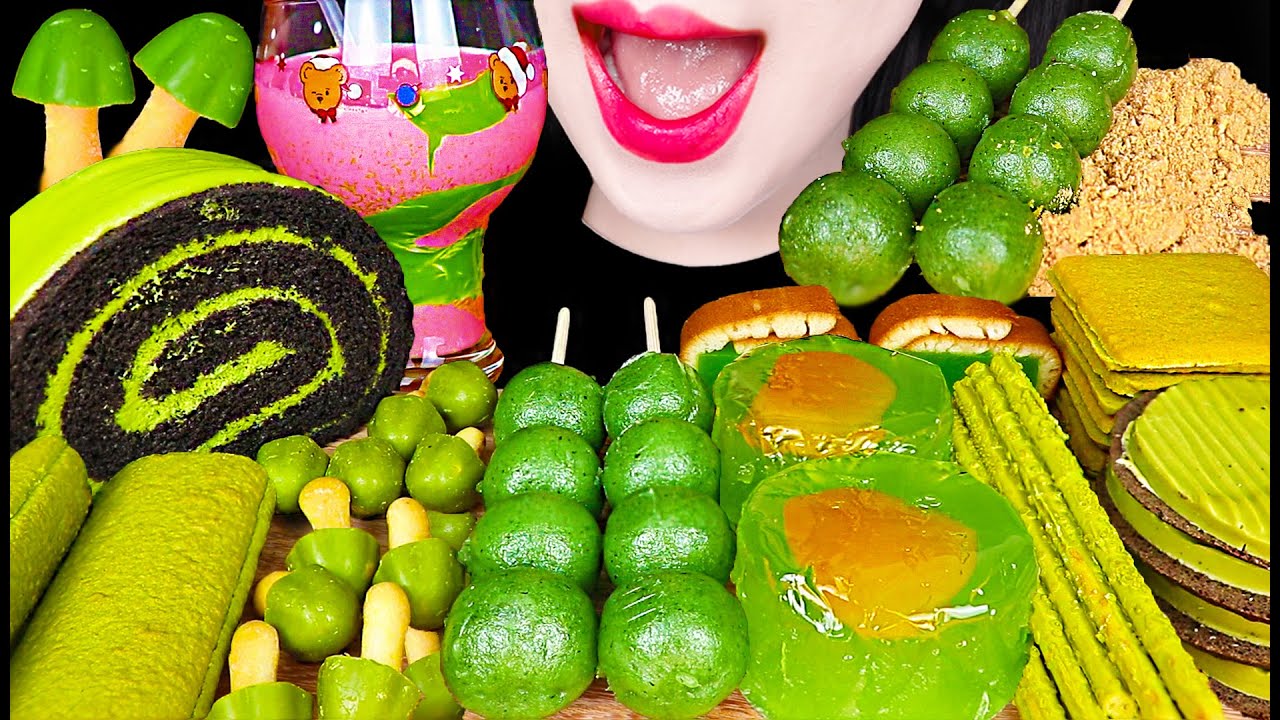 ASMR GREEN TEA DESSERT, CAKE, DANGO, JELLY 슈퍼 말차 디저트 케이크 먹방 MUKBANG, EATING