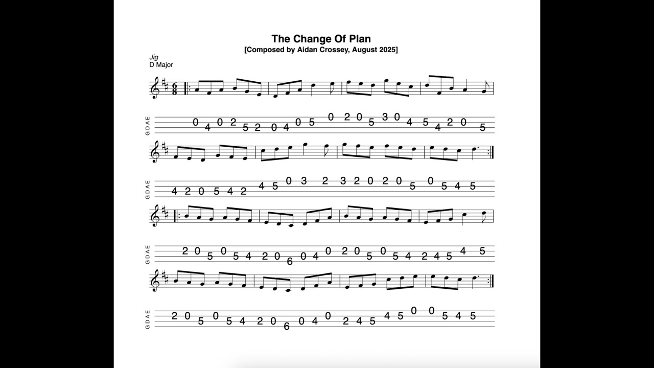 The Change Of Plan - a jig in D Major composed, tabbed for mandolin and played by Aidan Crossey