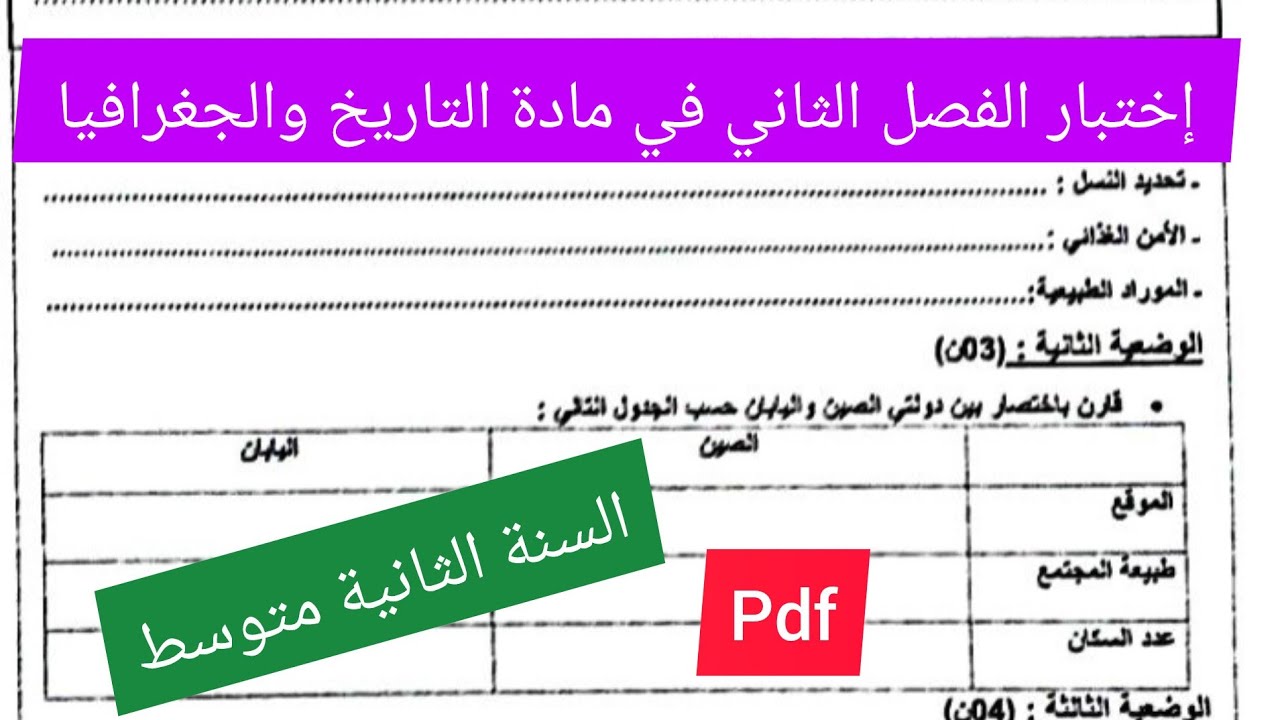 إختبار الفصل الثاني في مادة التاريخ والجغرافيا السنة الثانية متوسط