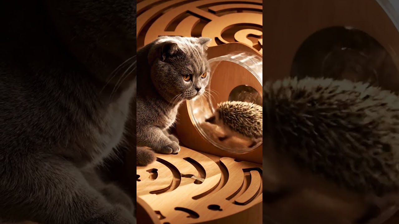 british shorthair cat near hedgehog maze wheel 🐈🦔✨ 