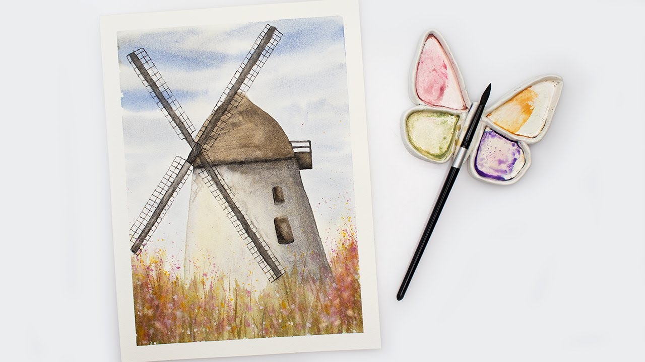 Watercolor painting - windmill in flower field + FREE sketch