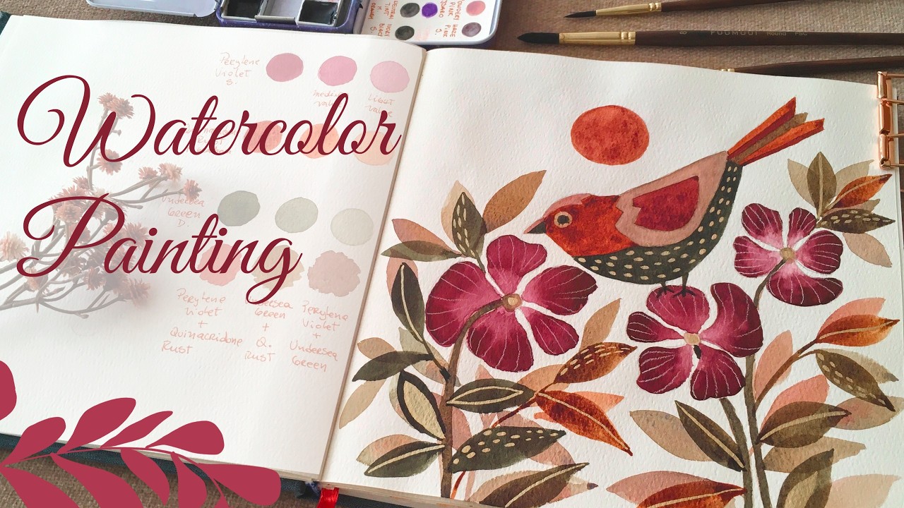 Limited Palette - Watercolor painting - Bird & Flowers 🐦 🌺