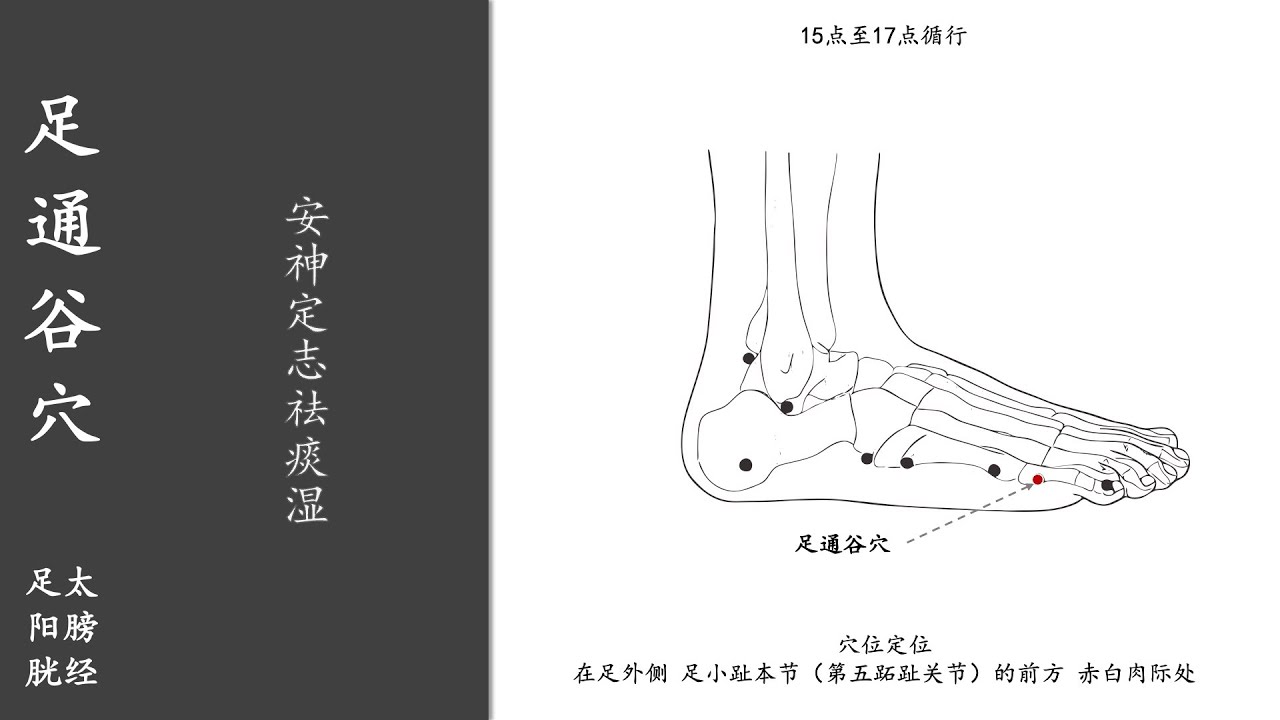 人体穴位187：足通谷：安神定志祛痰湿，用拇指按揉足通谷穴100～200次，每天坚持，能够治疗头痛 20220122.mp4