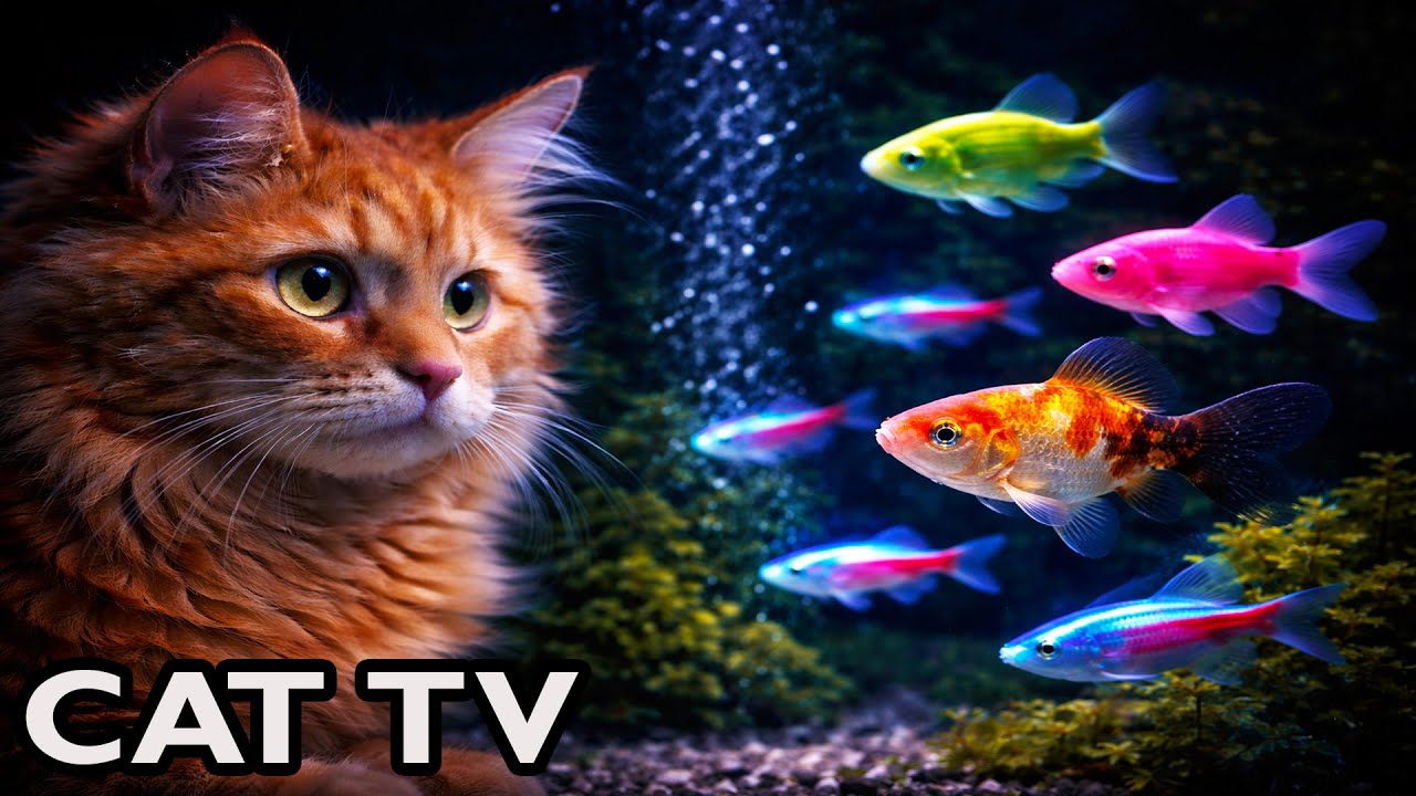 Cat TV for Cats to Watch | 8 Hours Dark Aquarium with Neon & GloFish (4K, No Music)