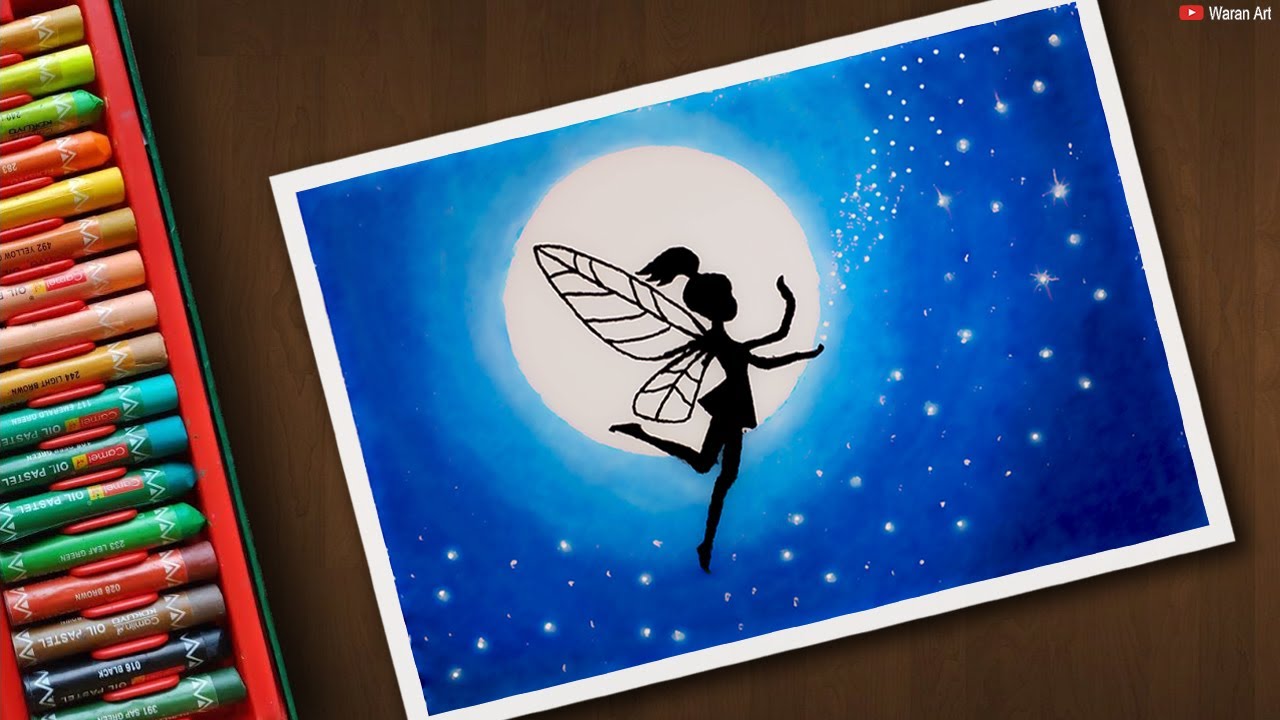 Fairy Dream Moonlight Scenery Drawing using Oil pastels | Easy Oil Pastel Art