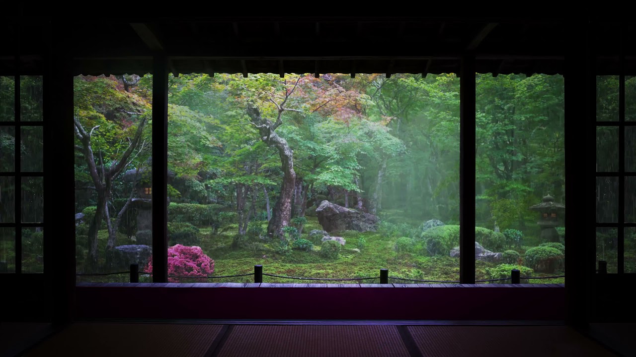 Rain On Soft Grass In a Japanese Garden For Sleep, Studying, Relaxing | ASMR Calmbience Rain Sounds