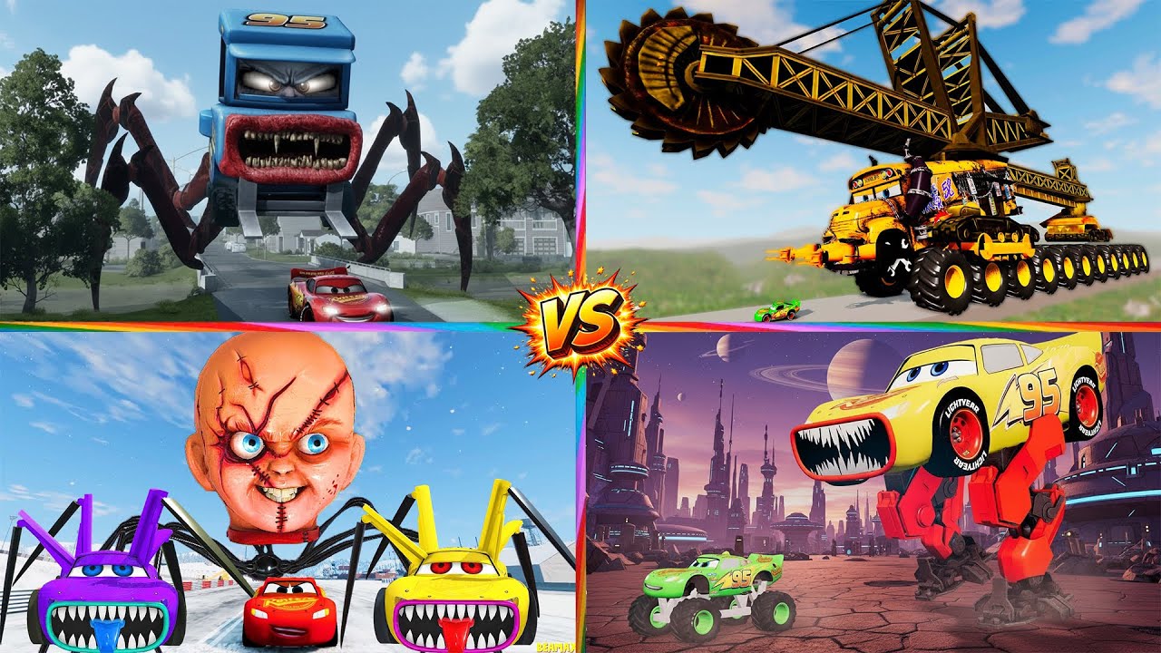 MCQUEEN BUS MONSTER! 🚌👹 Giant Truck Fight & Evolution - Spider Car🆚Robot Monster 🆚EATER/ TIELS