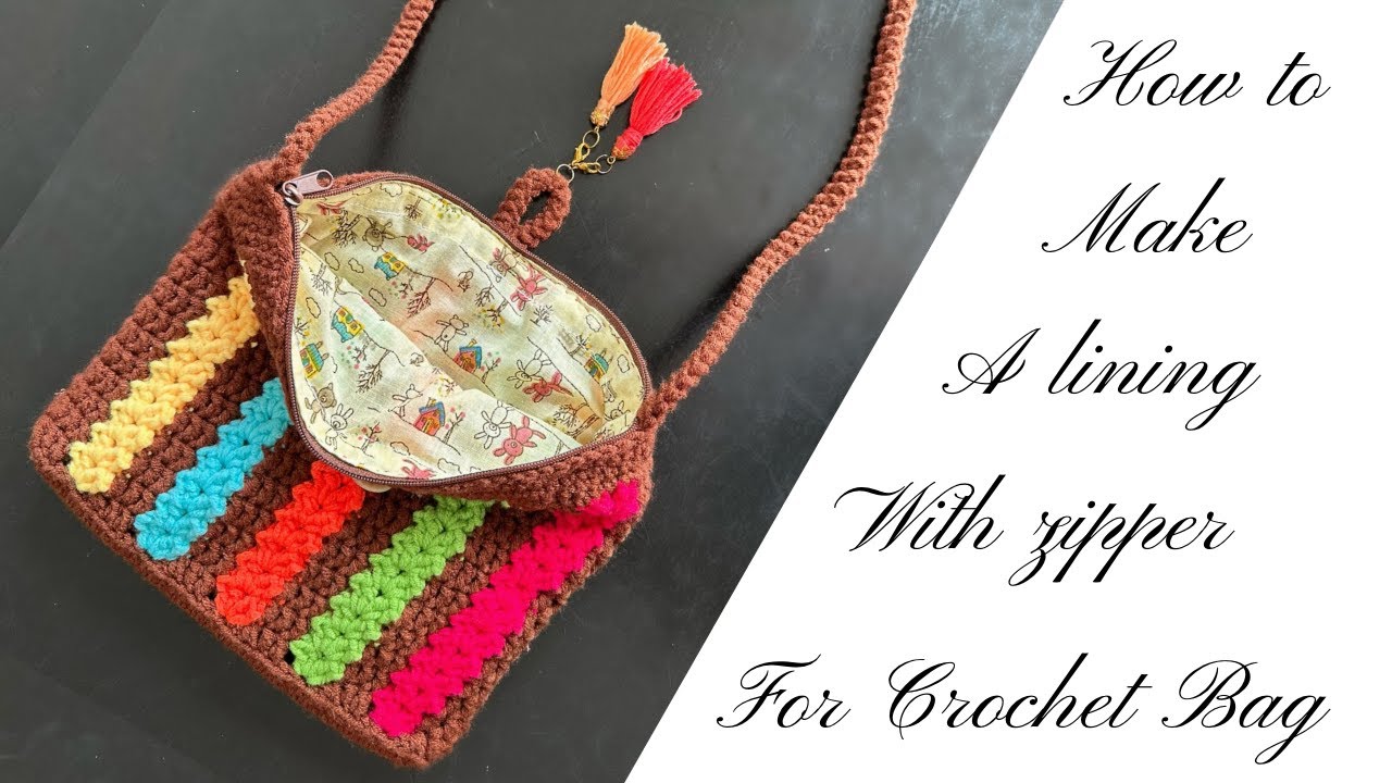 How to sew a lining with zipper into a crochet bag / Attach a zipper into a crochet bag