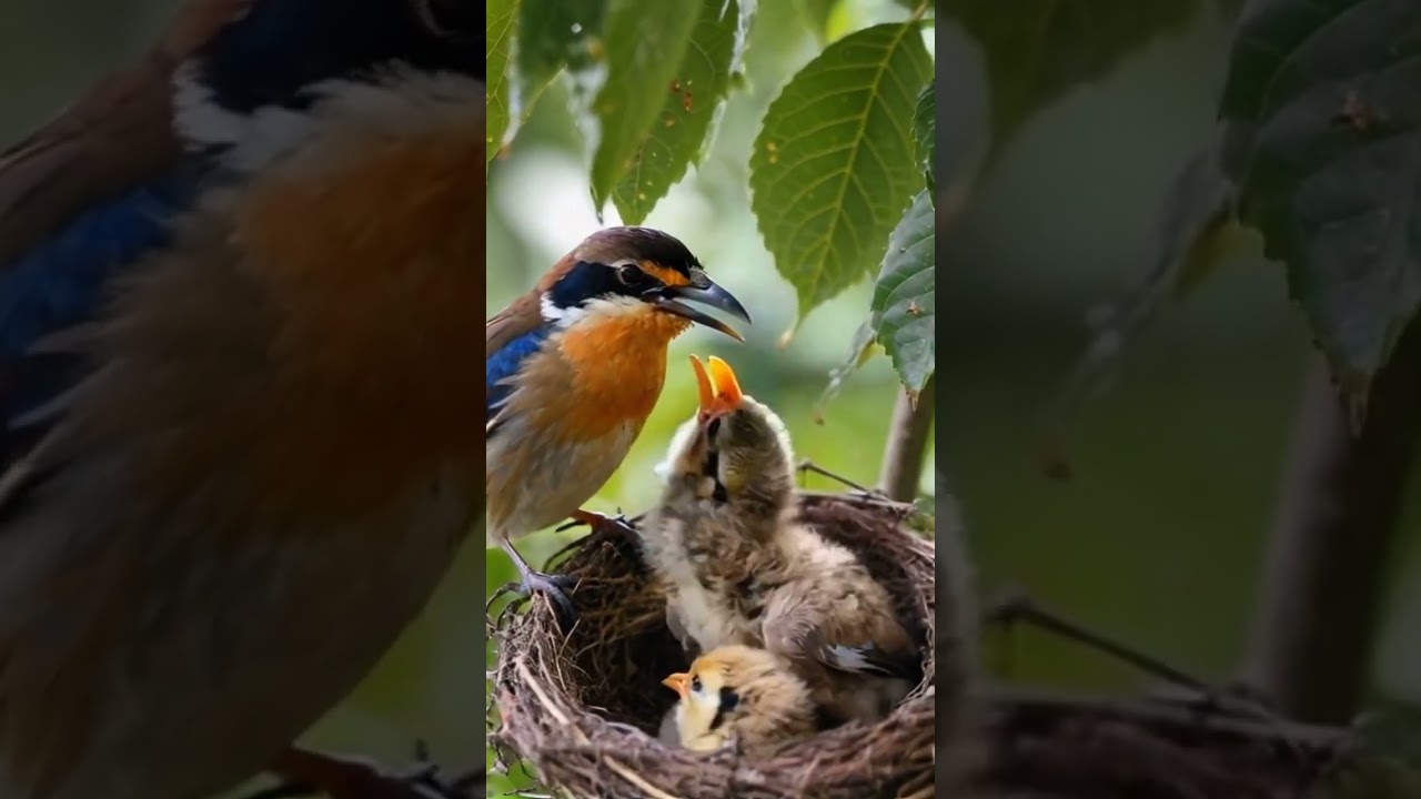 A mother bird and her chicks in the nest illustrate family warmth in nature.