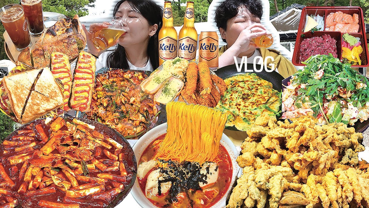 캠핑 원래 먹으러 가는거지🏕 입터진 먹방 브이로그 | 불오징어볶음 가래떡떡볶이 육회 연어회 돈까스 부추전 토스트 순두부우동 순대 고추튀김 (feat. 켈리) Mukbang VLOG