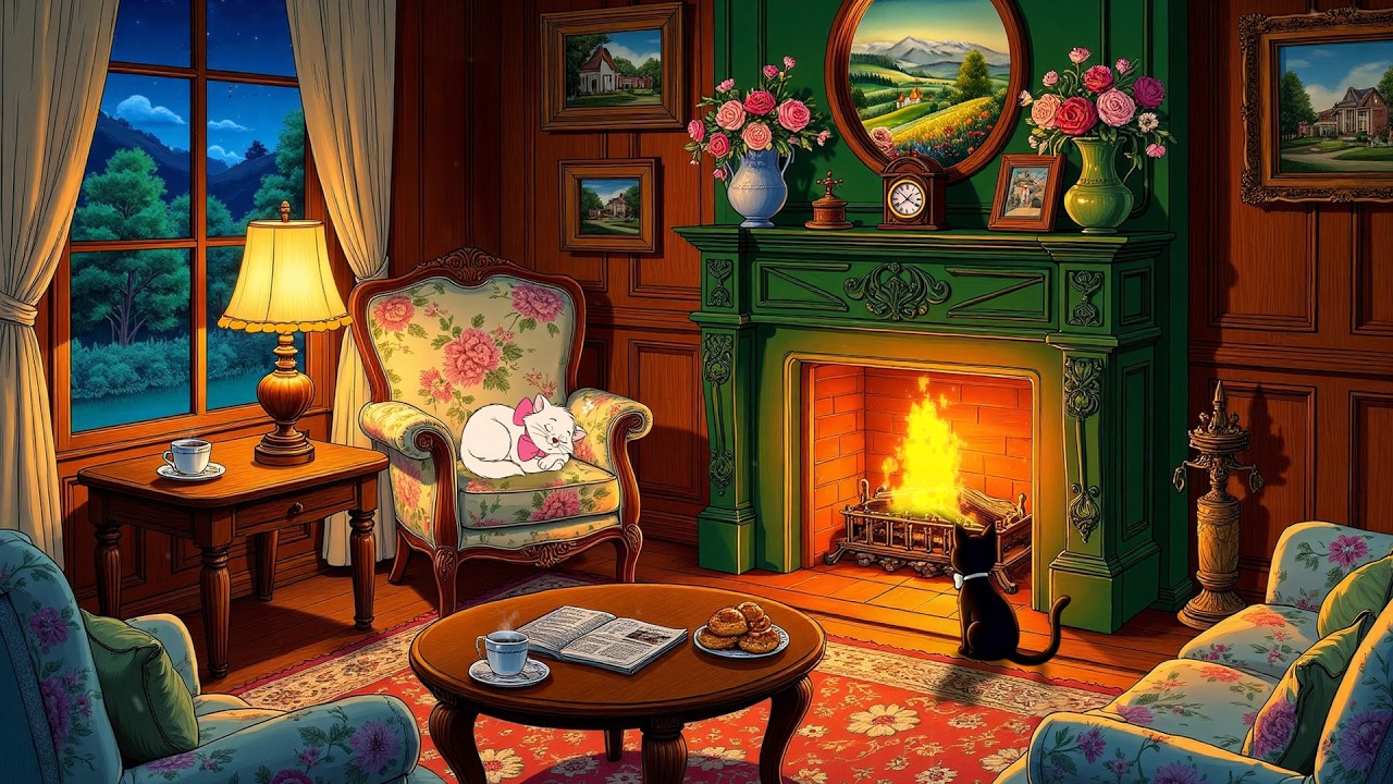 relaxing with oldies playing in another room on a 1930's calm night | crackling fireplace & criket