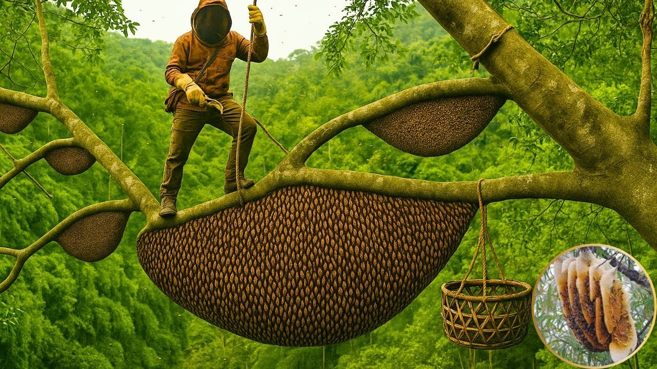 INSANE RISK! Fearless Man Climbs Massive Tree to Harvest Wild Honey Bee Hive