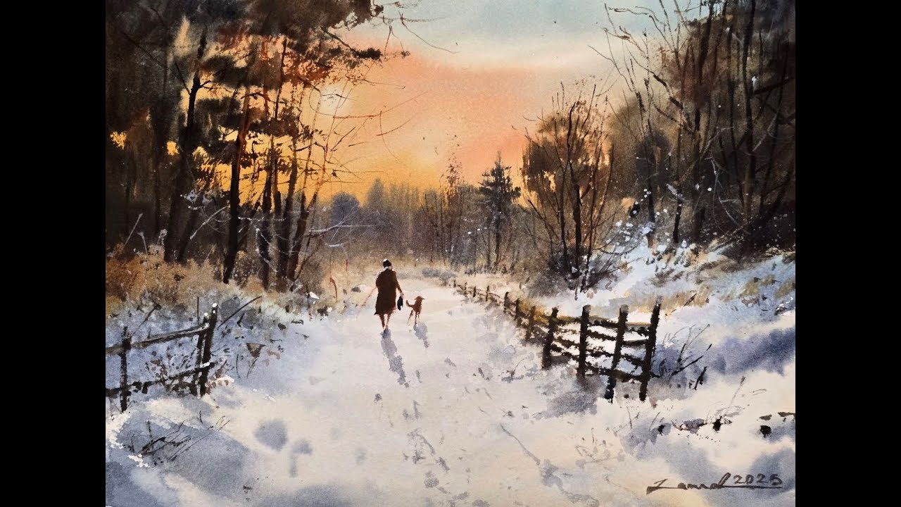 How to paint a snowy forest path at sunset - Watercolor