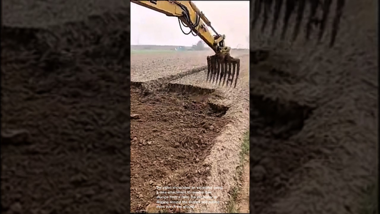 Land clearing: excavator removing tree stumps from field with rake attachment for agriculture