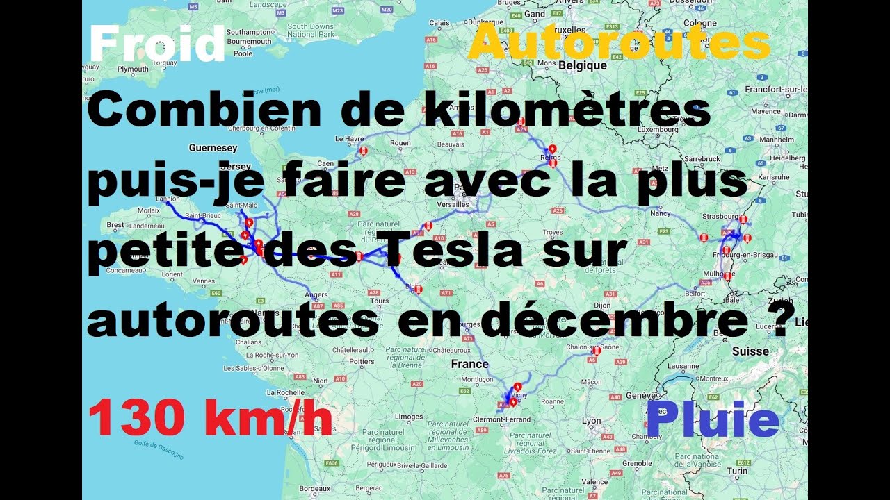 Combien de km à 130km/h puis-je parcourir en décembre avec la Tesla qui a la plus petite batterie ?