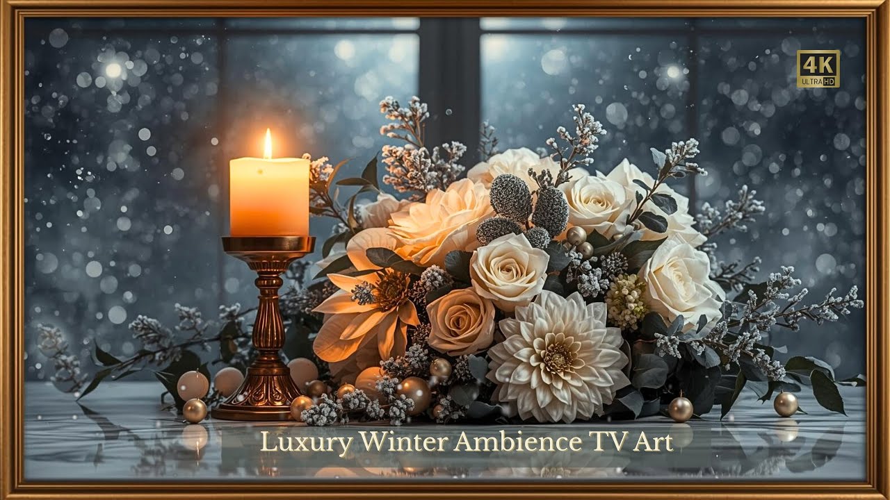 4K Christmas Frame TV Art | Elegant Candlelight Winter Floral Painting | Luxury Holiday Ambience