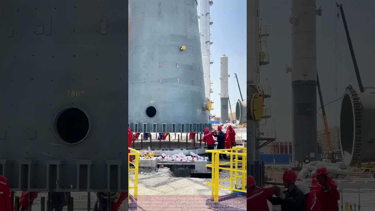 Industrial Equipment Installation Site: Workers Collaborate to Hoist a Massive Tower