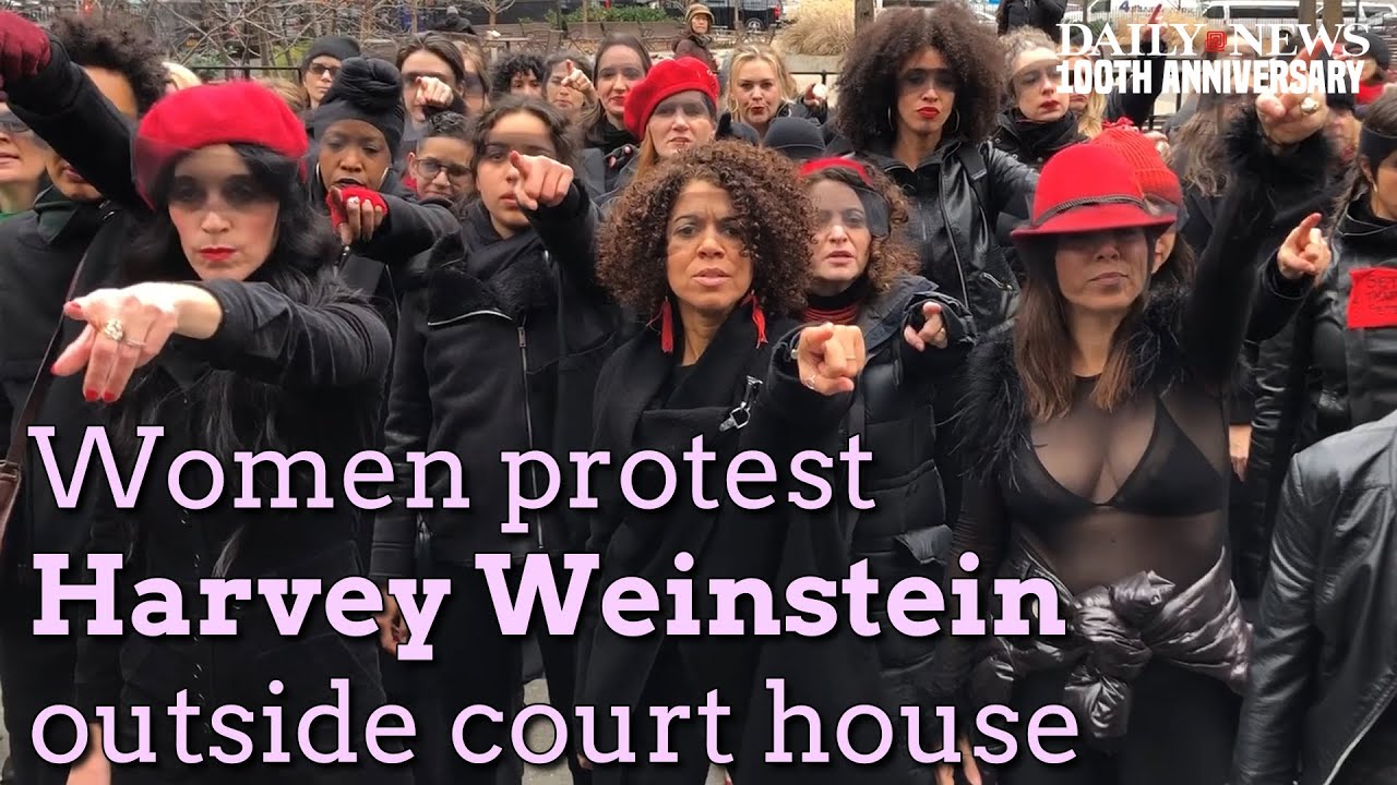 Women sing chant to protest Harvey Weinstein