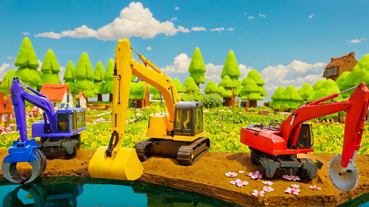 Construction Works Excavator Cuts Grass, Digs Holes and Plants Trees 🌱🚜