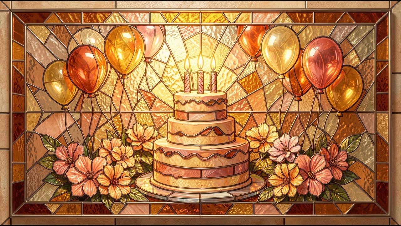 Golden Stained Glass Birthday Cake with Balloons and Flowers frame tv art 4k with music