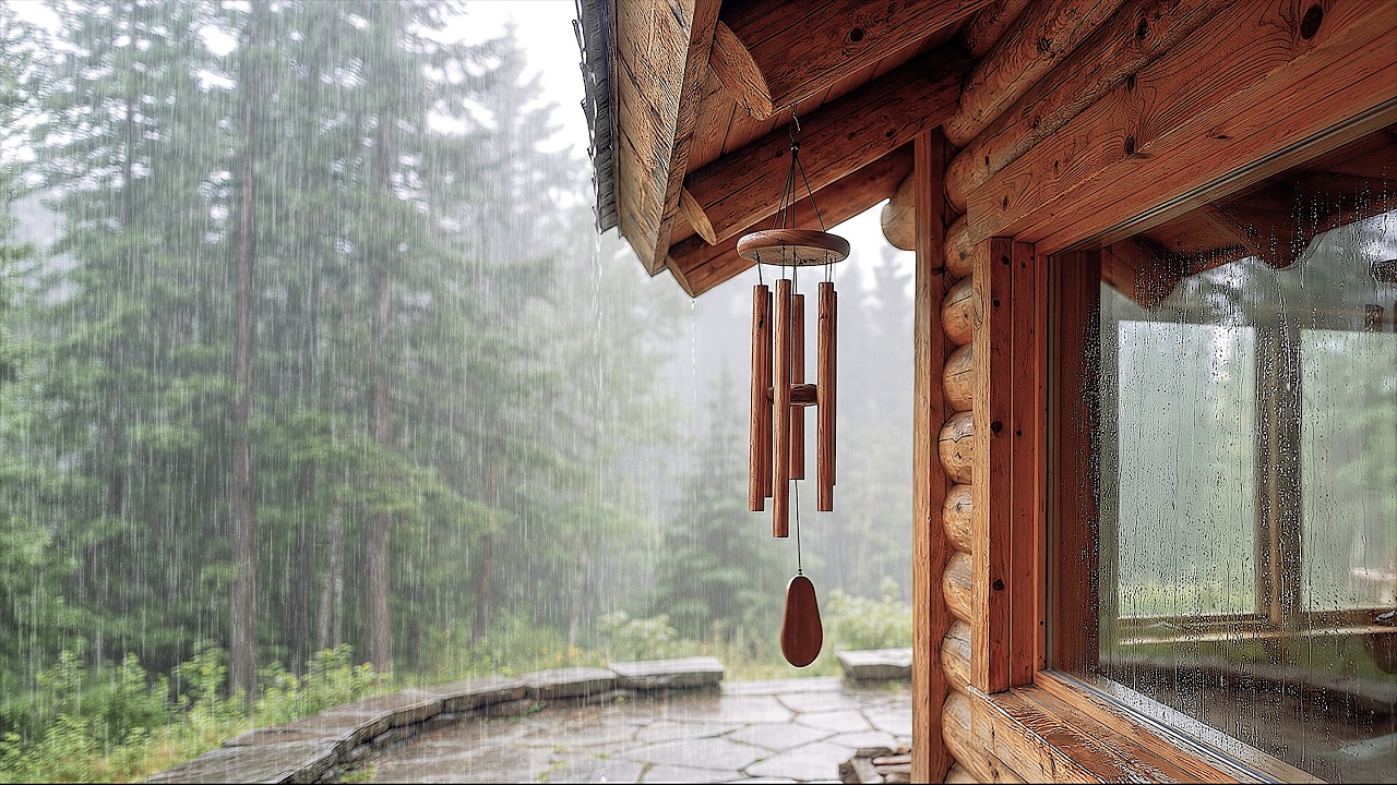 Heavy Rain on Forest Cabin | Wind Chimes & Rain Sounds | 4K Relaxing Ambience | 10H