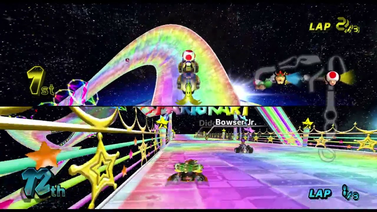 Mario Kart Wii Bowser Loses to Toad in Rainbow Road