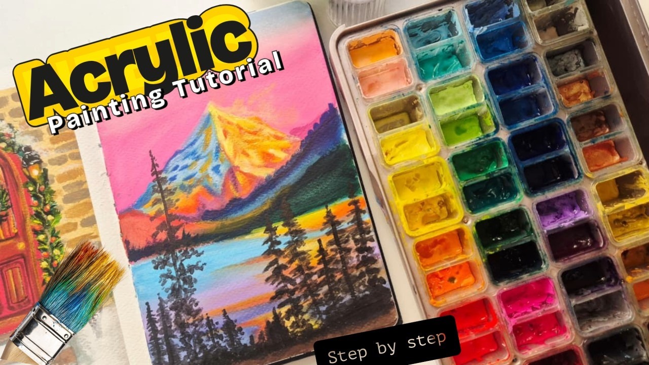 Mountain Lake View Acrylic Painting Tutorial #art #acrylicpainting #fyp