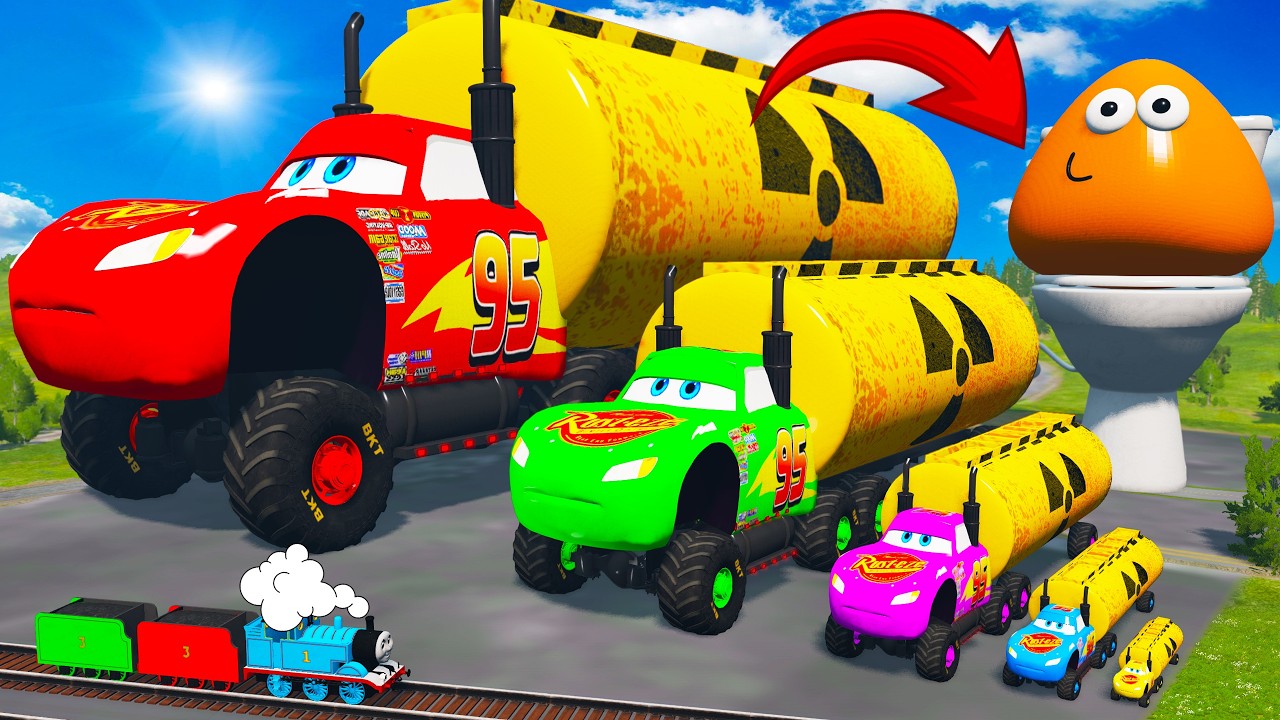 Big & Small Colors Long McQueen Truck Oxy Vs Monster Truck Wheels - Long Cars vs Giant Pit - BeamNG