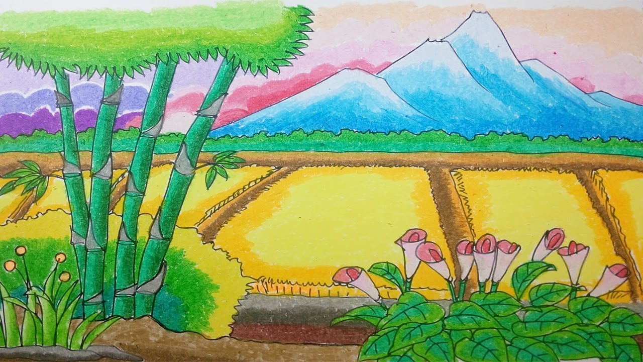 Cara Menggambar Gunung, Bambu, Sawah, Pemandangan dengan Crayon/Oil Pastel