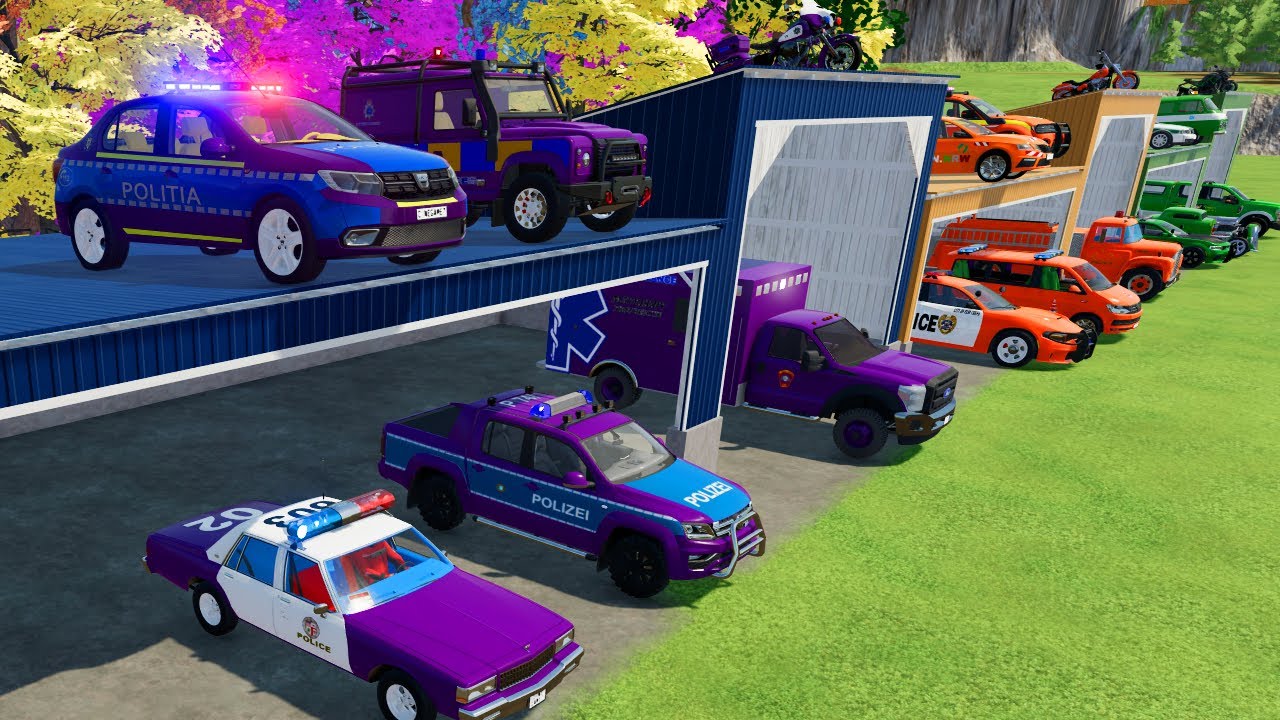 TRANSPORTING AMBULANCE, CARS, FIRE TRUCK, POLICE CARS OF COLORS! WITH TRUCKS! - FARMING SIMULATOR 22