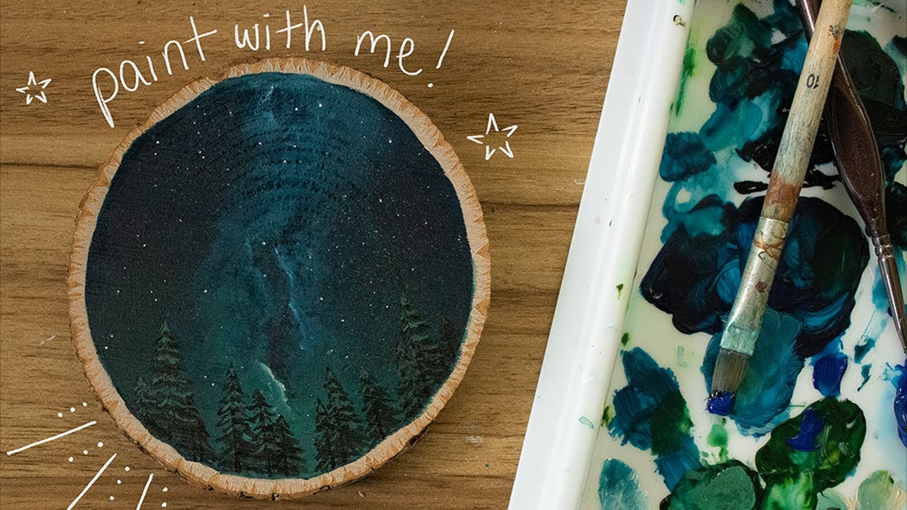 night sky galaxy acrylic painting on a wood slice | paint with me
