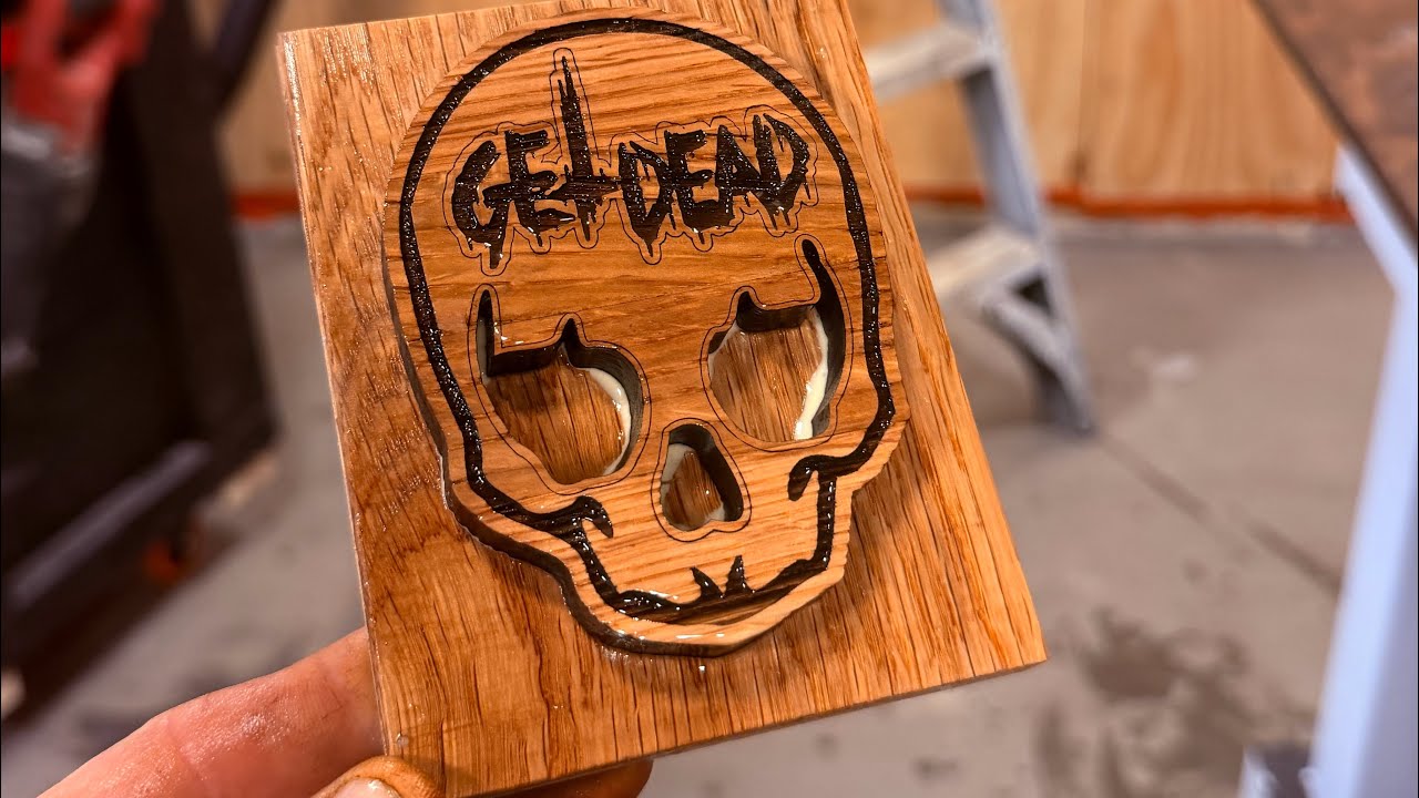 Live punk rock art being made, COME WATCH! Get Dead - skull laser on oak 🪚🪵🌈