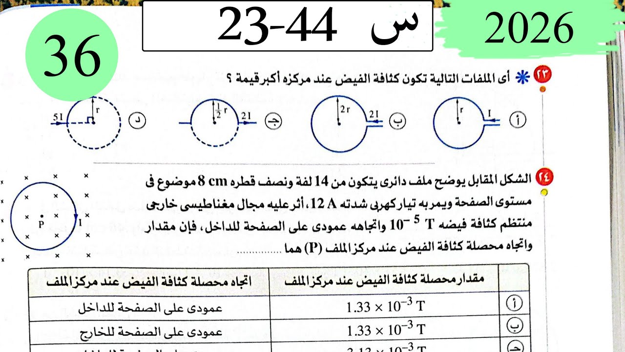 فيزياء3ث - حل تابع التاثير المغناطيسي للتيار - الاختيار2 - كتاب الامتحان 2026