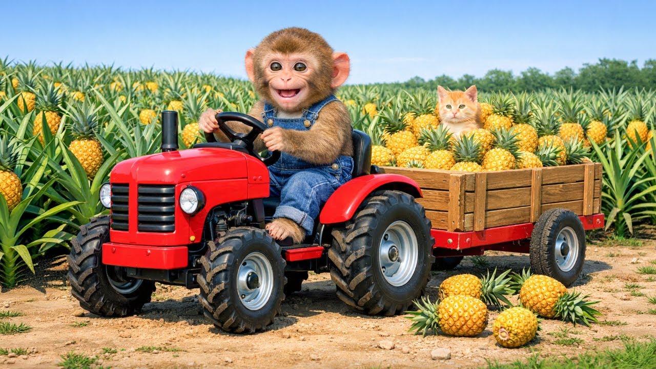 Monkey Farmer Drives Tractor to Save a Cat During Pineapple Harvest! - Monkey Farm Work