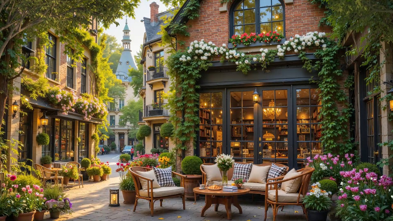 Outdoor Spring Cafe Ambience ☕ Relaxing Jazz Music & Nature Sounds for a Better Mood
