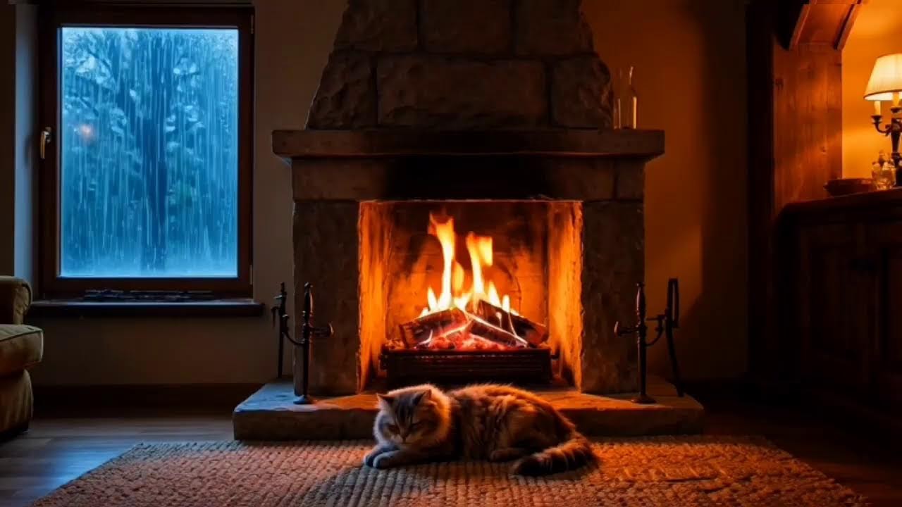 Cozy Fireplace in Heavy Rain with Sleeping Cat | Relaxing ASMR Ambience