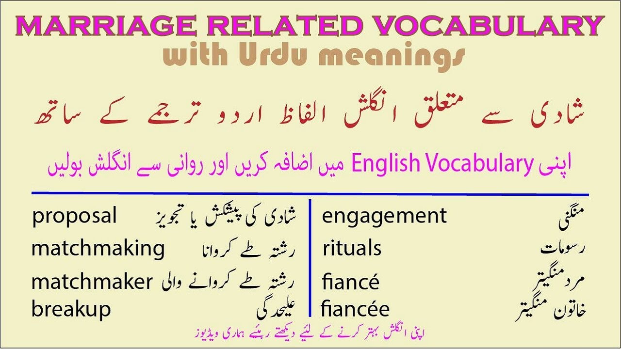 wedding vocabulary English to Urdu | marriage related English words with Urdu meanings