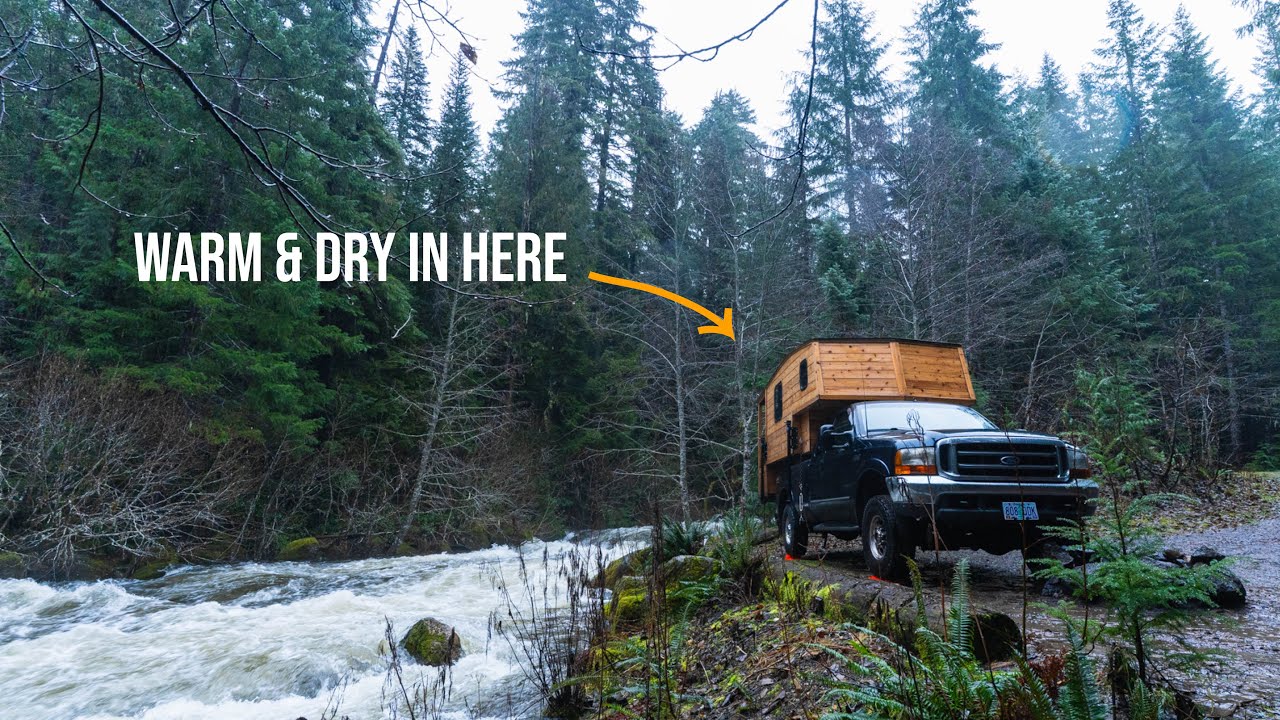 Cold Rainy Truck Camping Along a Roaring Pacific Northwest River