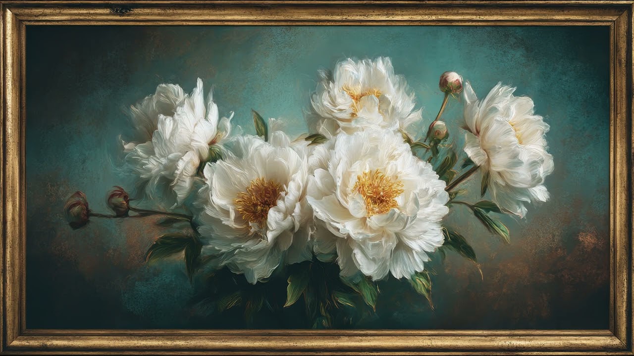 Vintage White Peonies Painting | Elegant Floral TV Art with Gold Frame | Artistic Screensaver