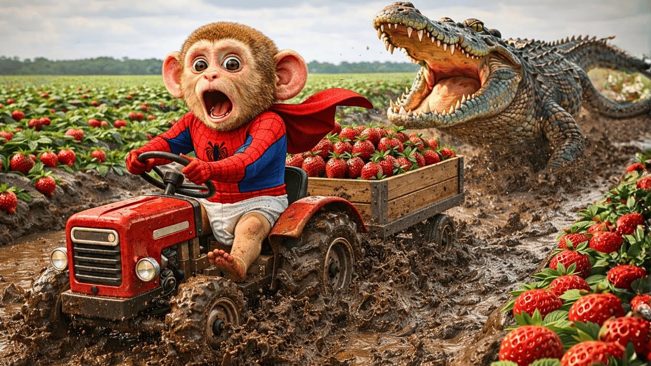 Monkey Bonzi Faces a Giant Crocodile During Strawberry Harvest 😱🍓