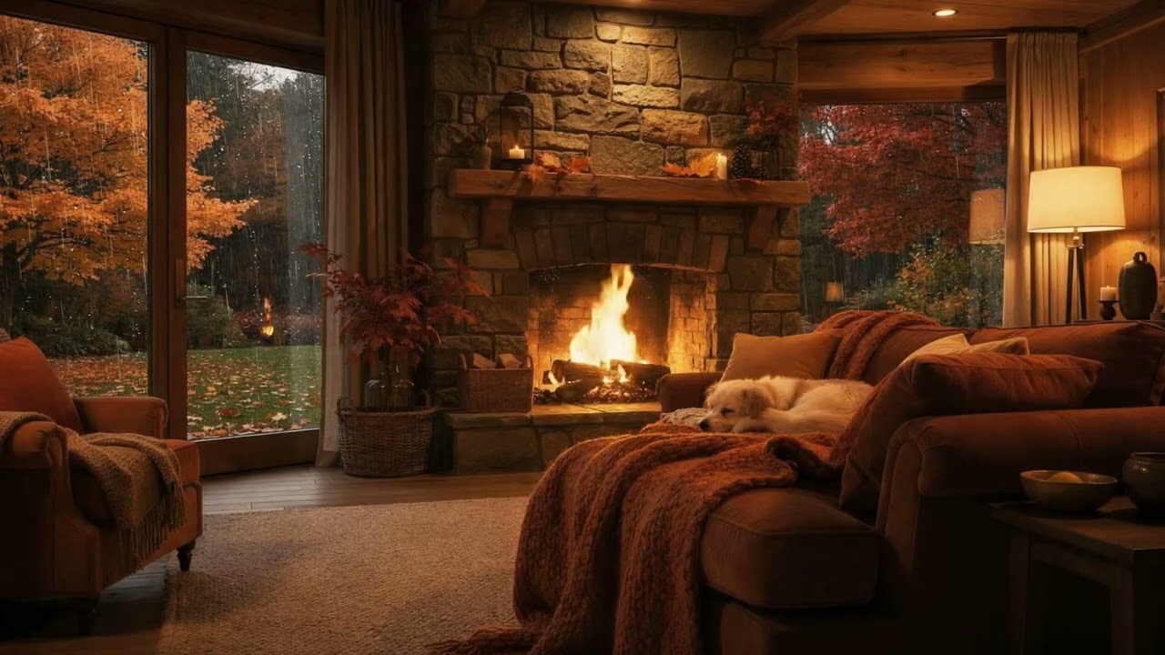 Rainy Jazz Lounge by the Fireplace + Adorable Sleeping Dog → 3 Hours Cozy Autumn Escape