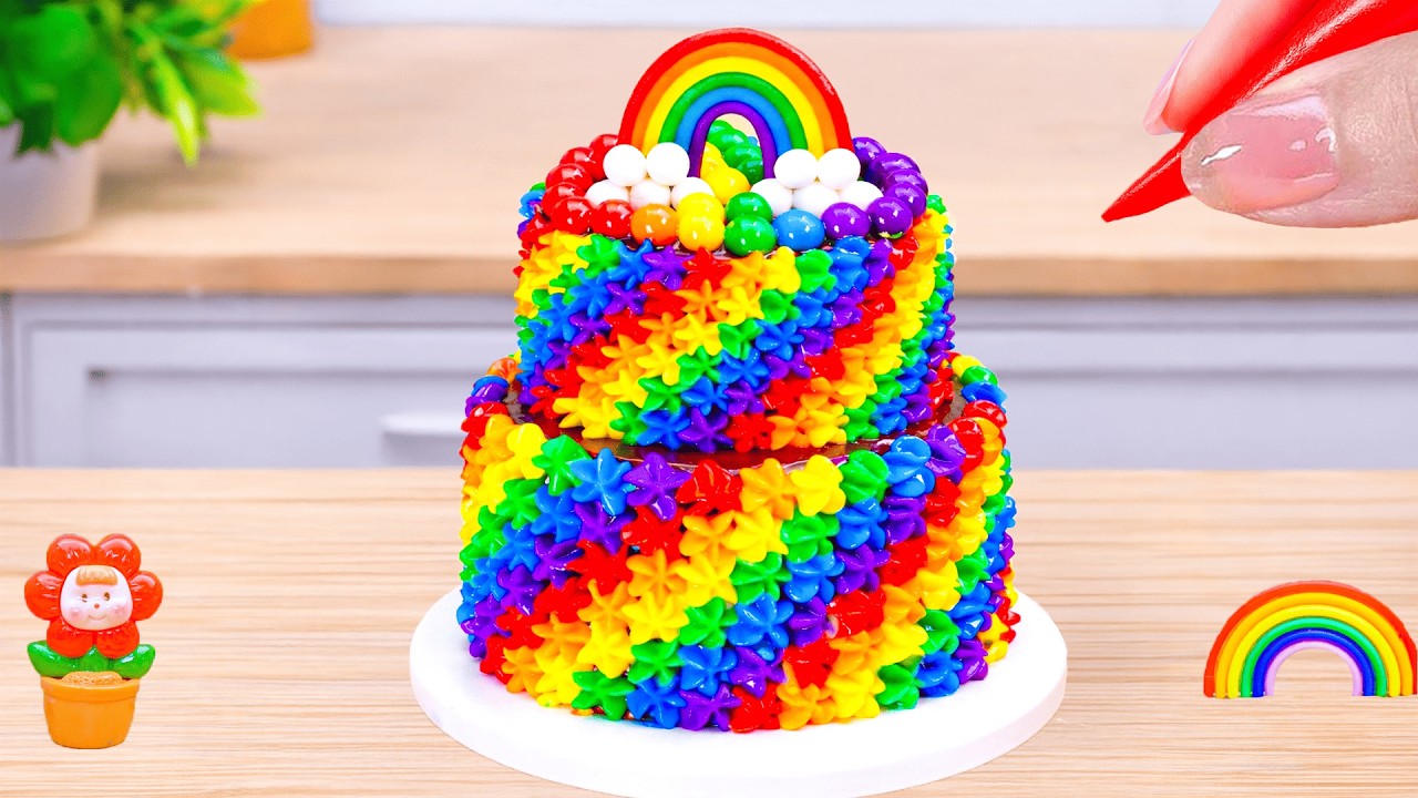 Mini Rainbow Cake With Chocolate🌈Super Glossy Buttercream & Cute Rainbow Toppers❤️HT Mini Cakes