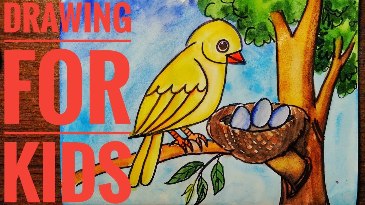 How to Paint a Cute Bird and Nest with Watercolors | Easy Drawing for Kids