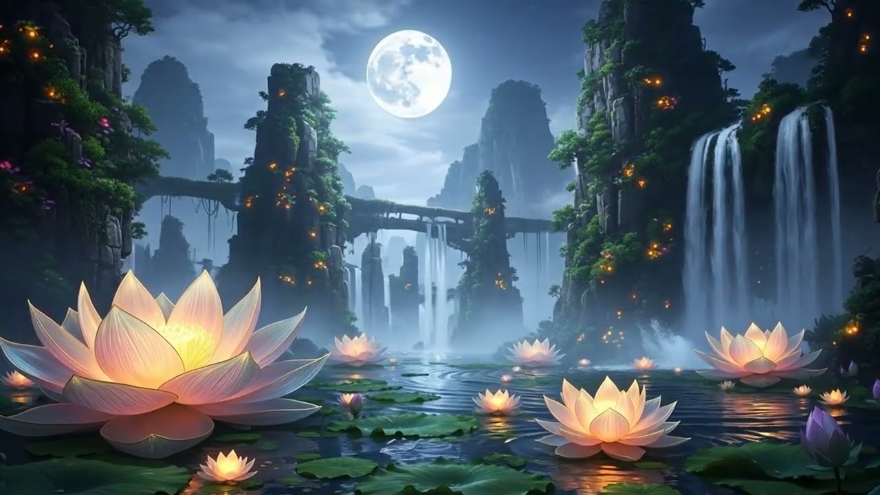 Celestial Lotus Waterfalls 🌕✨  Peaceful Night Ambience for Deep Sleep & Meditation