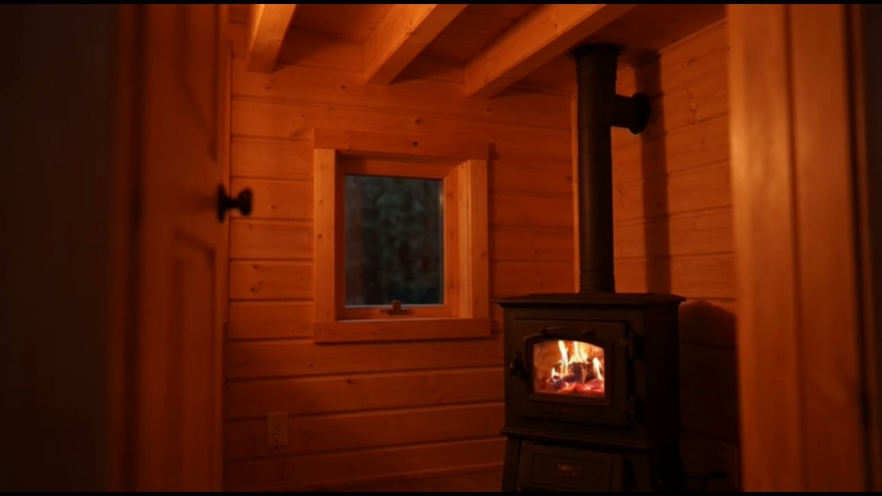 Wood Stove Fire at Night | Cozy Cabin Ambience with Distant Wood Chopping