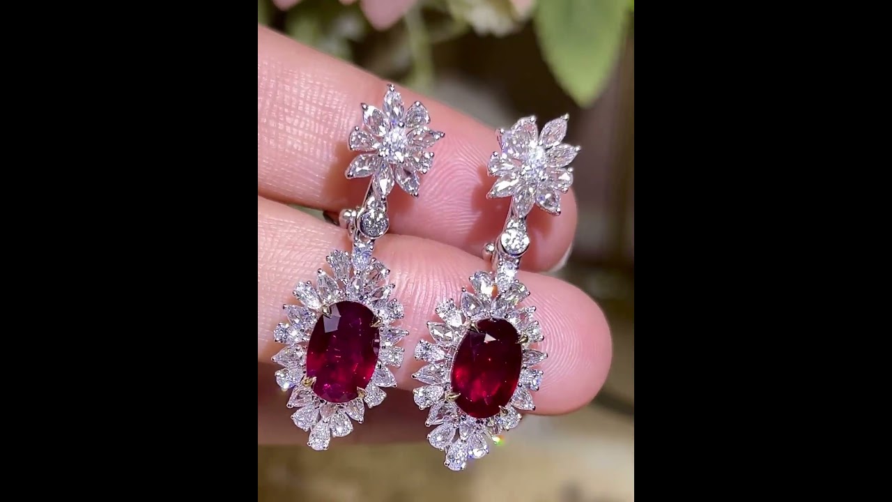 Wow😍~4.62CT PIGEON BLOOD RUBY & DIAMOND & 18K GOLD EARRINGS. GUILD certificate🎁✈️