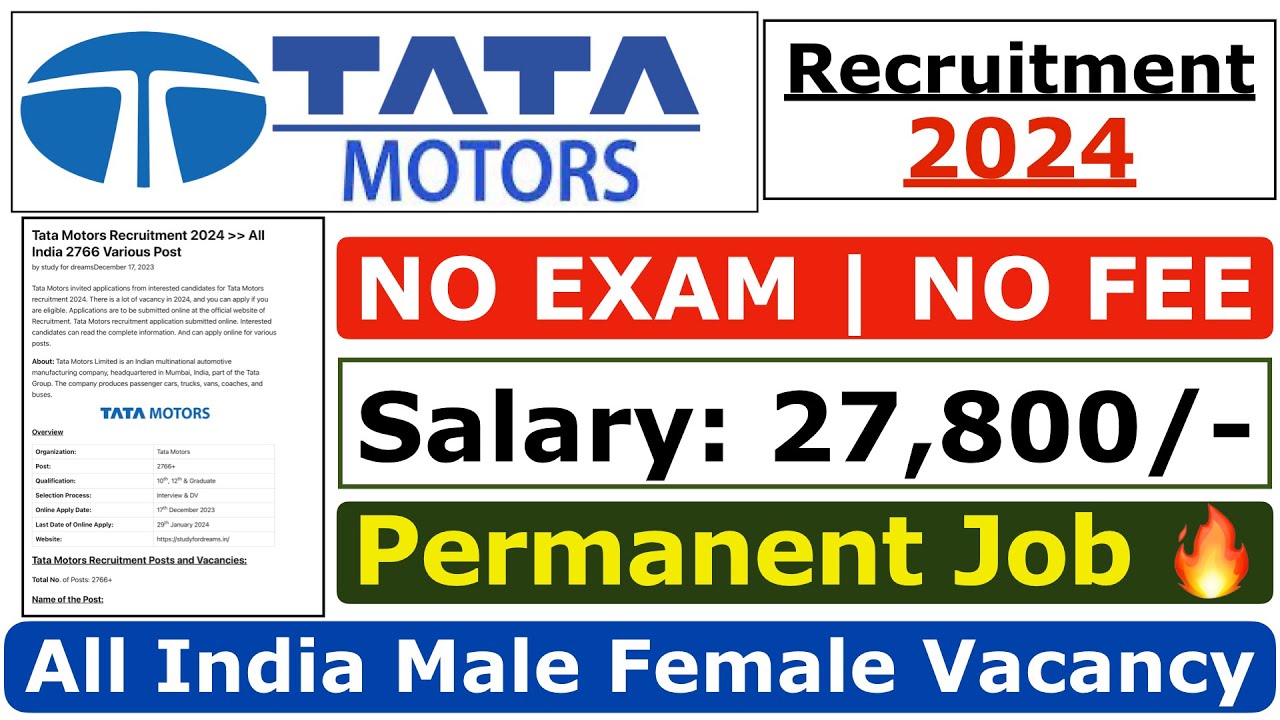 Tata Motors Recruitment 2024 | Tata Motors Hiring 2024 | Tata Motors Job Vacancy 2024 | Freshers Job