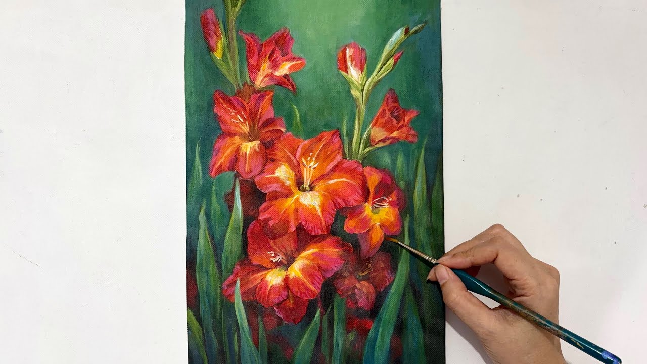 Painting Scarlet Gladiolus Flowers/ Step by Step/ Acrylic Painting #093